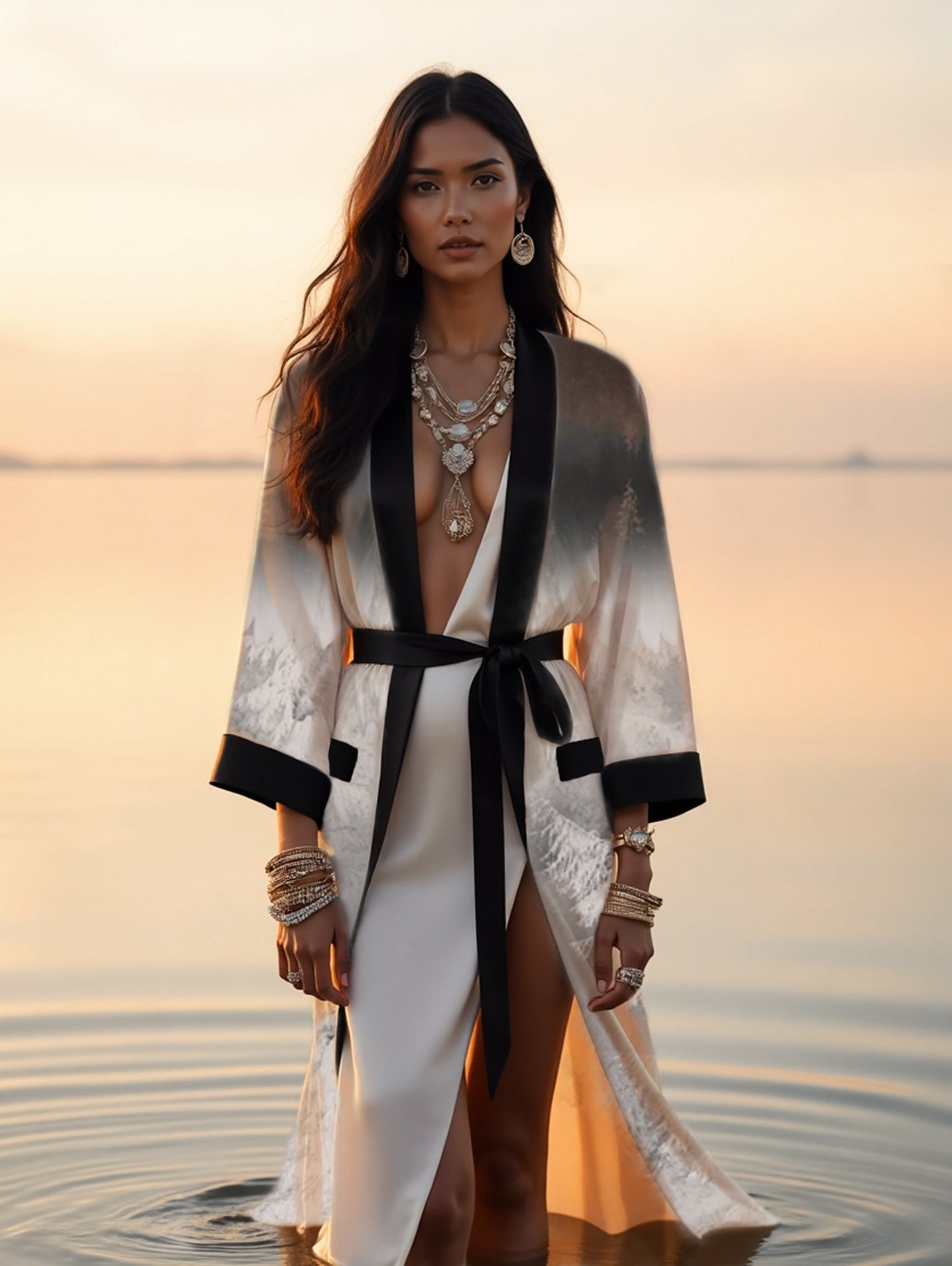Woman in a stylish kimono outfit with jewelry standing by water at sunset