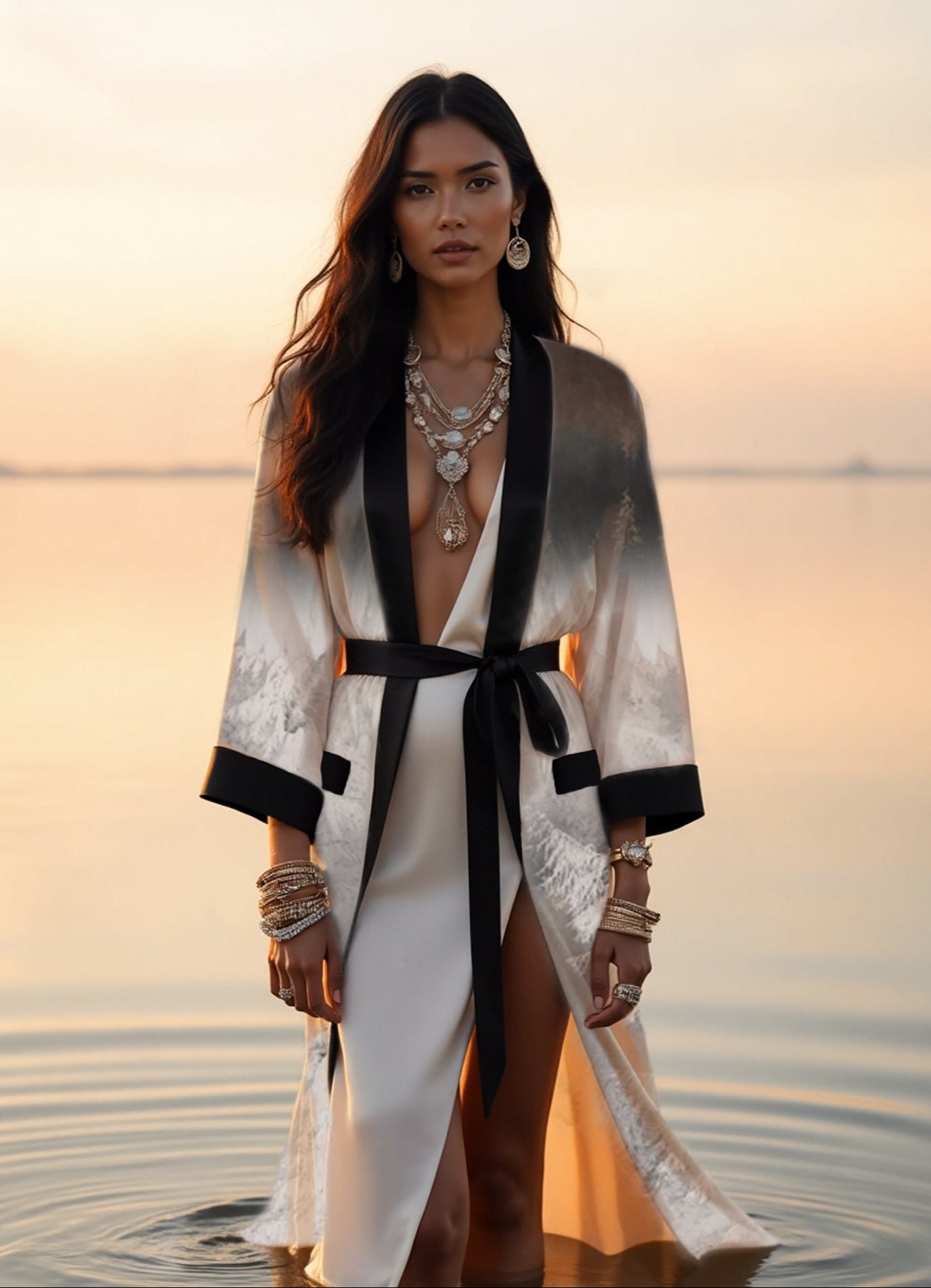 Woman in a stylish kimono outfit with jewelry standing by water at sunset