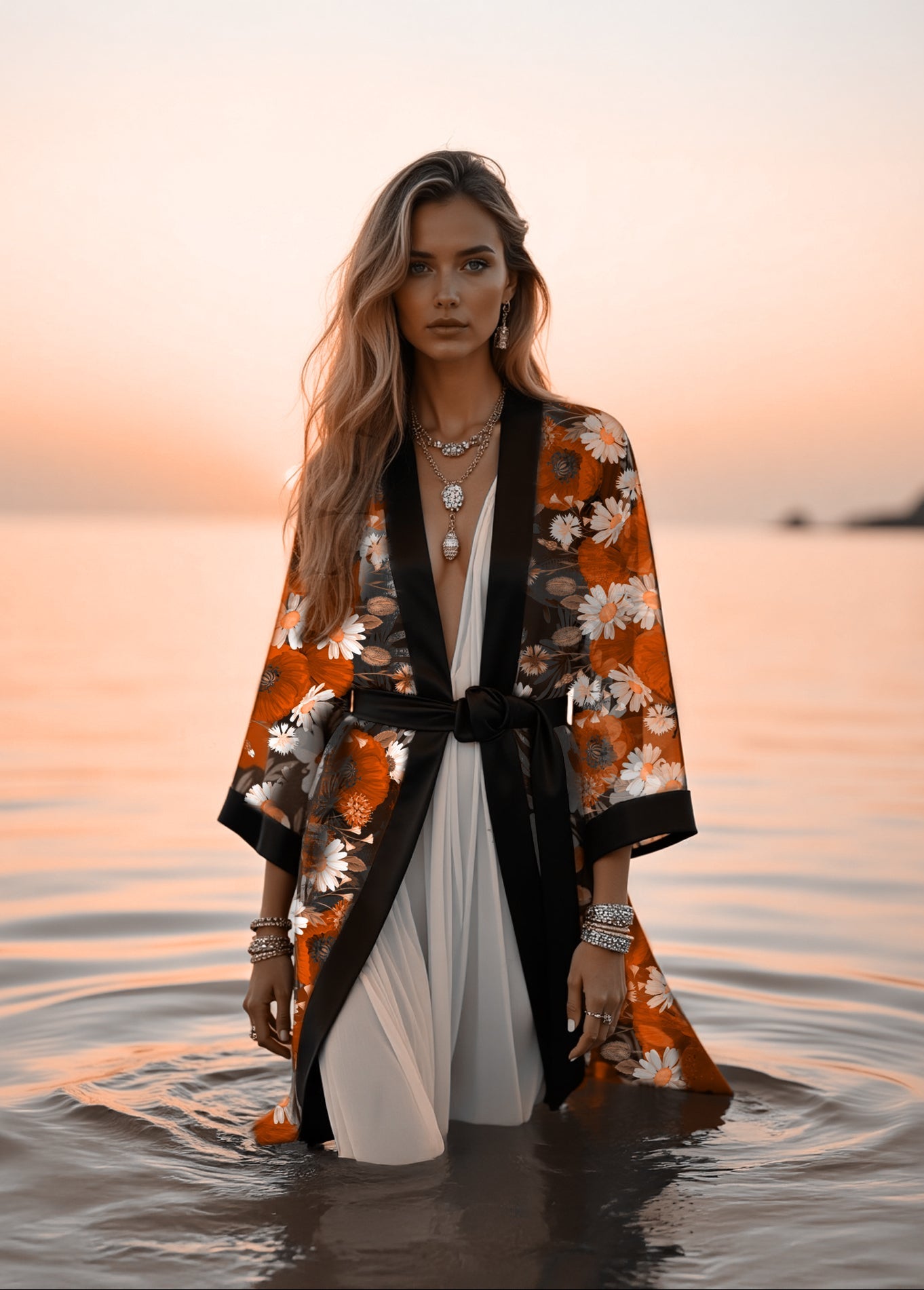 Woman in a floral kimono standing in water at sunset