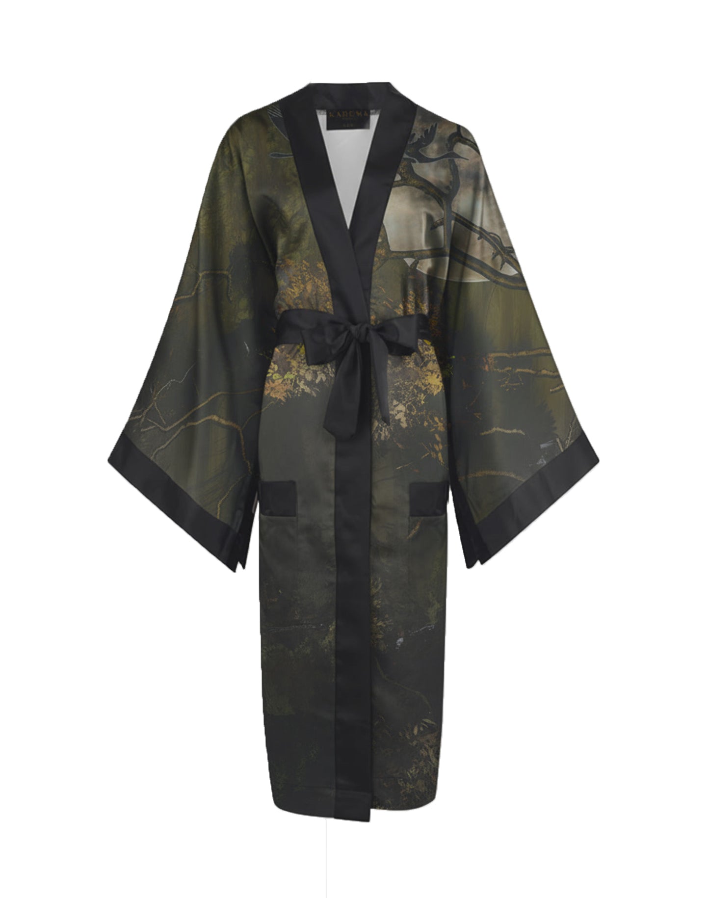 Luxury kimono with warm sunlight hues and deep green shades, reflecting peaceful nature and quiet elegance