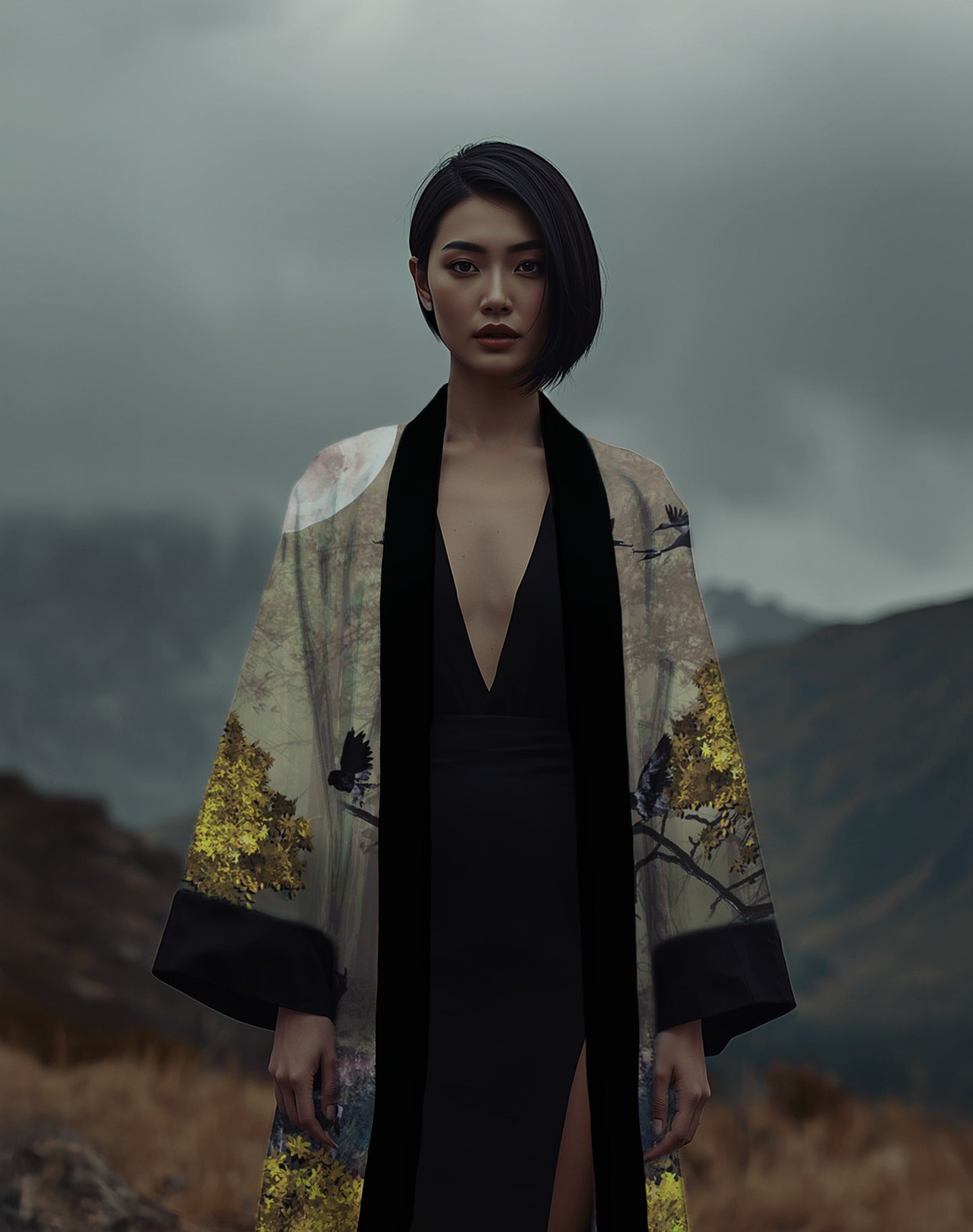 Woman wearing a luxury kimono in black and gold with celestial-inspired print, standing in a dramatic mountain landscape