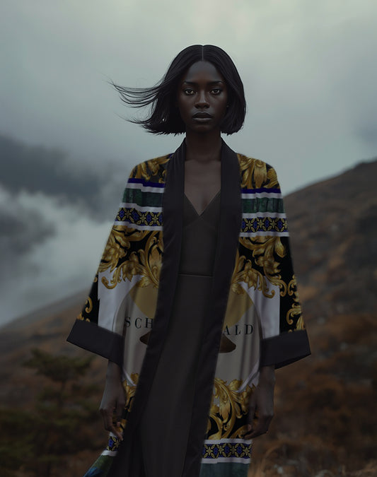 Woman wearing a dramatic luxury kimono in black and gold with bold warrior-inspired print, standing in a highland landscape