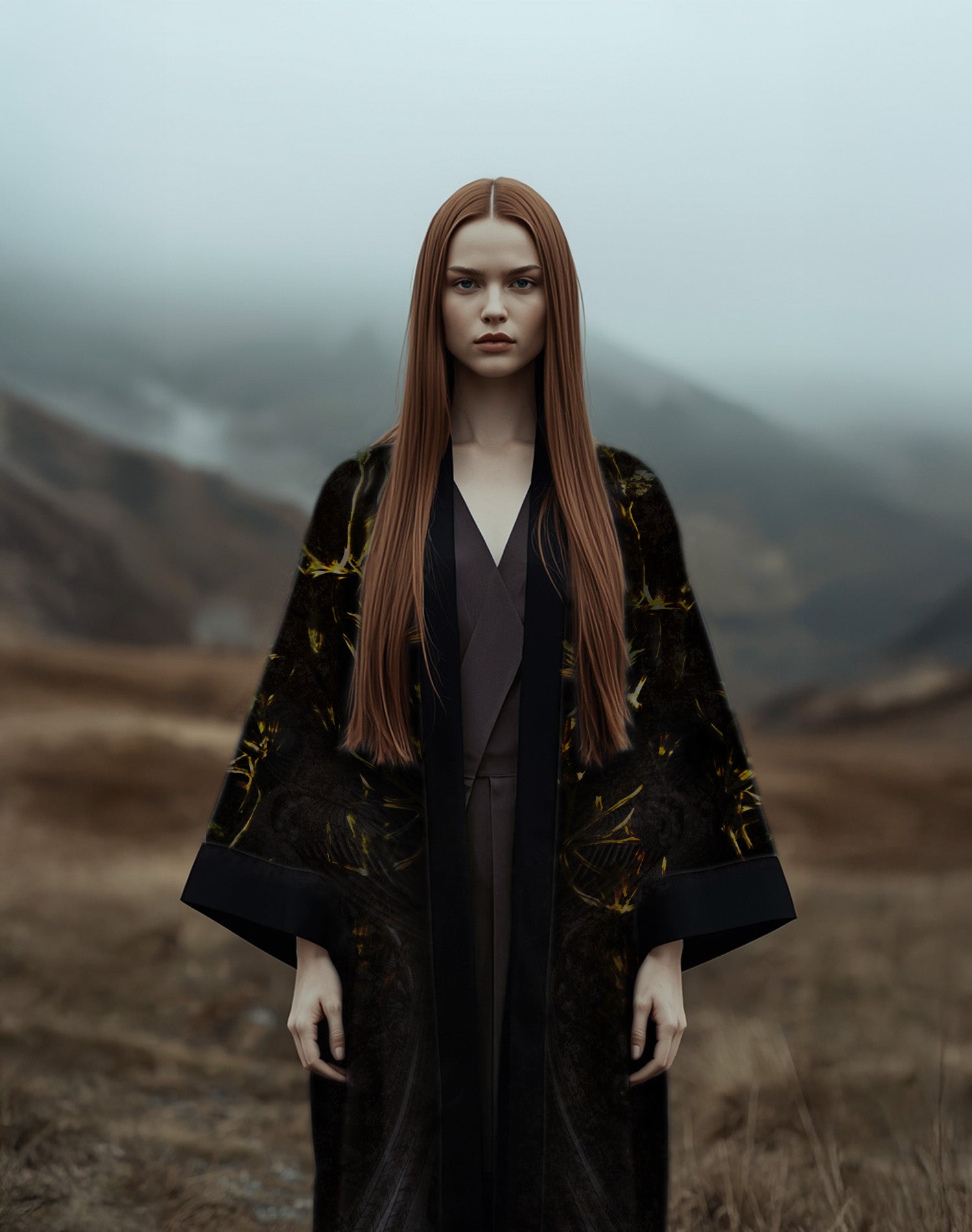 Silver and dark toned kimono inspired by a summer thunderstorm in the Black Forest, with shimmering textures and lightning-like contrasts