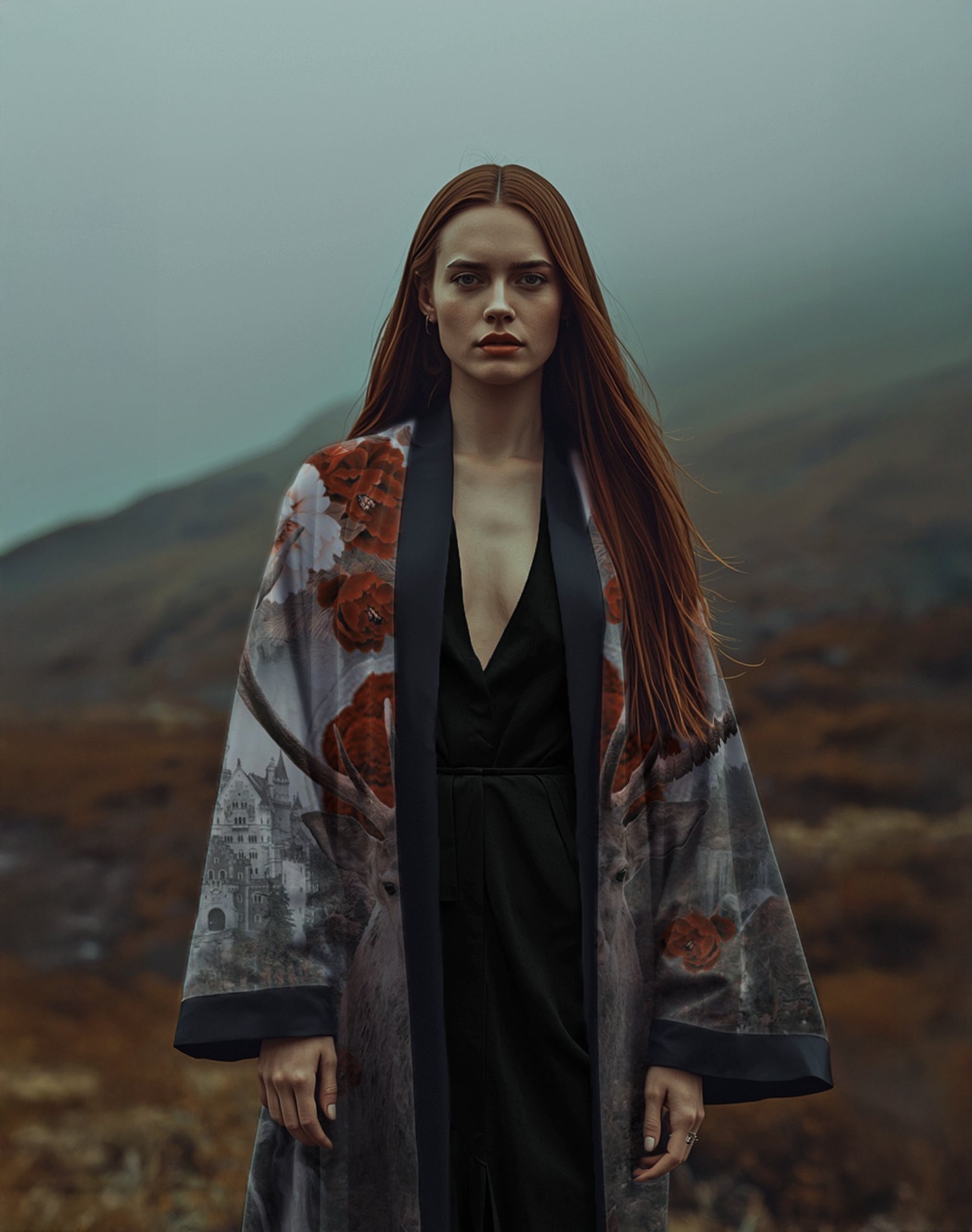 Luxury kimono with an enchanted Black Forest print featuring a majestic stag, a castle, waterfalls and wild blooms, worn by a woman with long red hair in a dramatic mountain landscape