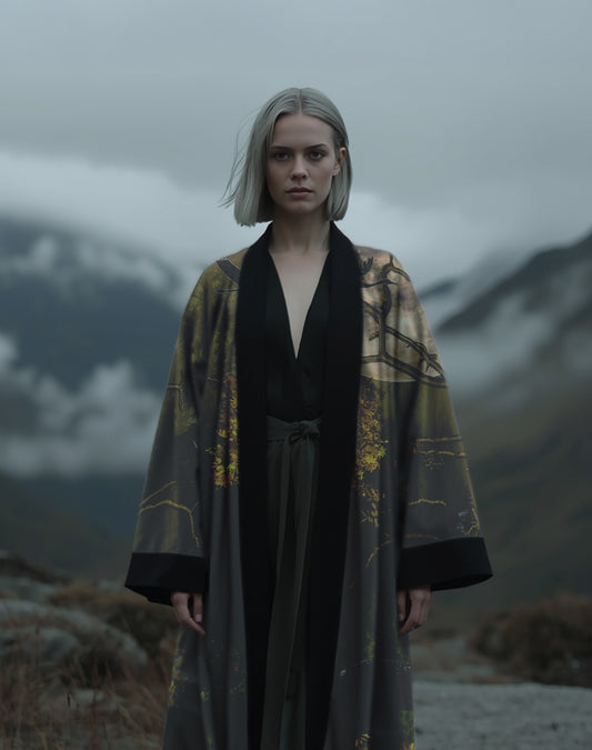 Green and gold toned kimono inspired by a calm forest afternoon, with soft light and natural earthy textures