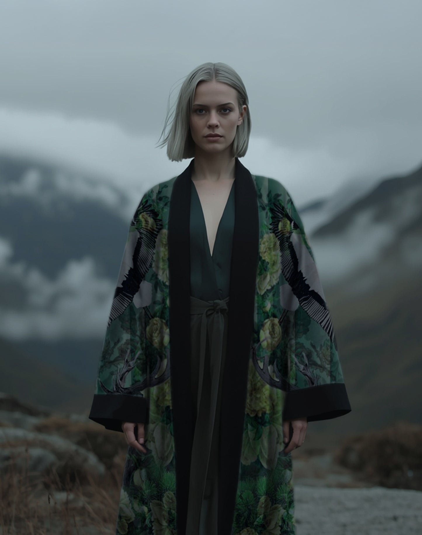Luxury kimono in vibrant emerald and forest green with wild botanical print, worn by a blonde woman outdoors