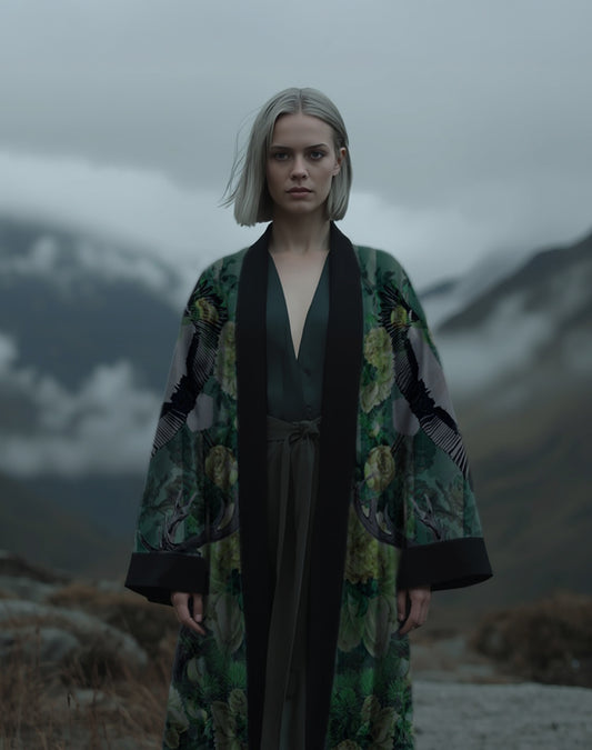 Luxury kimono in vibrant emerald and forest green with wild botanical print, worn by a blonde woman outdoors