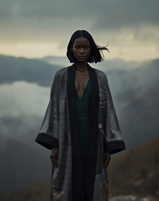 Woman wearing a sophisticated grey luxury kimono with world map print, standing in a cloudy mountain landscape