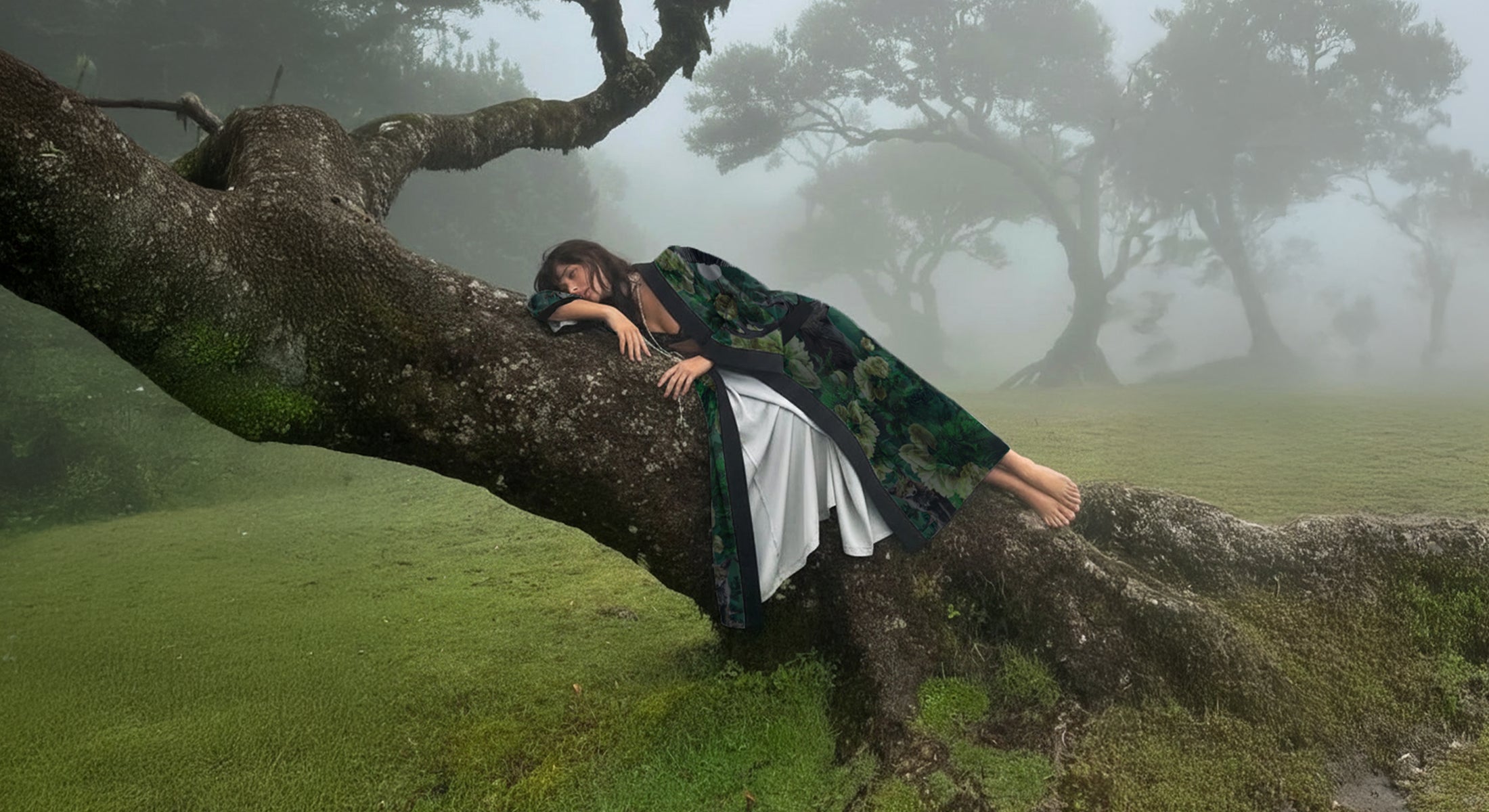 Kimono Fashion design from the black forest, a woman wearing a green shades kimono and laying on a tree