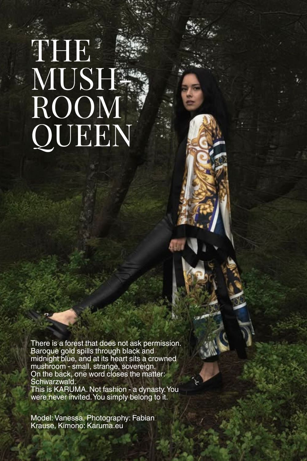 There is a forest that does not ask permission. Baroque gold spills through black and midnight blue, and at its heart sits a crowned mushroom – small, strange, sovereign.