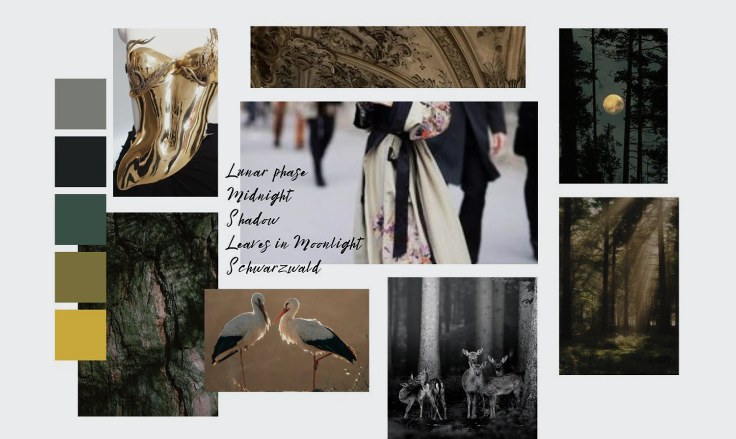 KARUMA design moodboard for Celestial Noir Kimono with handwritten words, colour swatches and crane sketches
