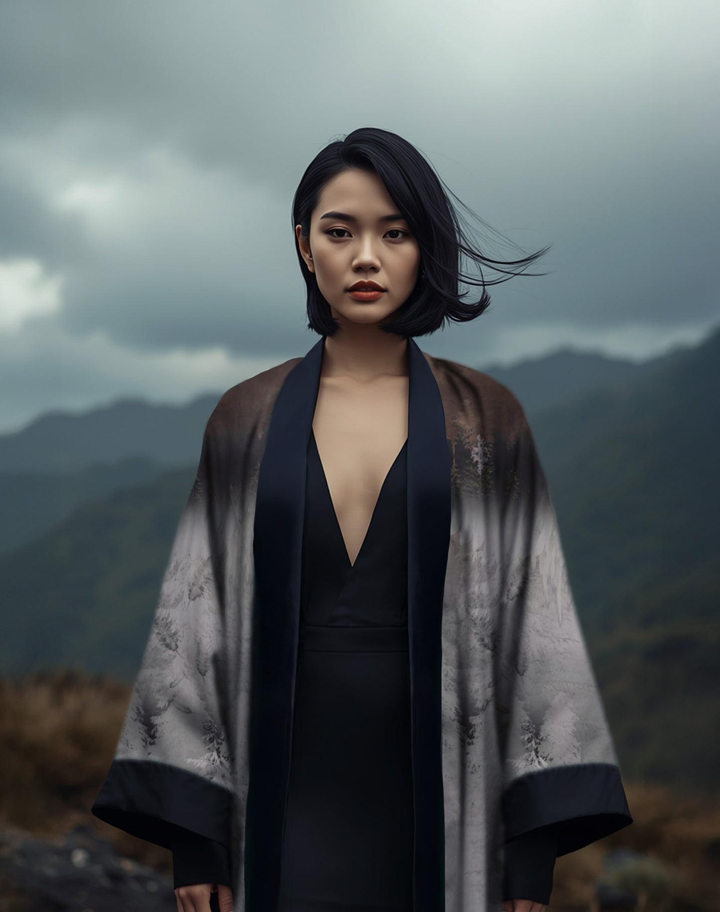 Woman wearing an elegant silver-grey luxury kimono with subtle eagle-inspired print, standing in a misty mountain landscape