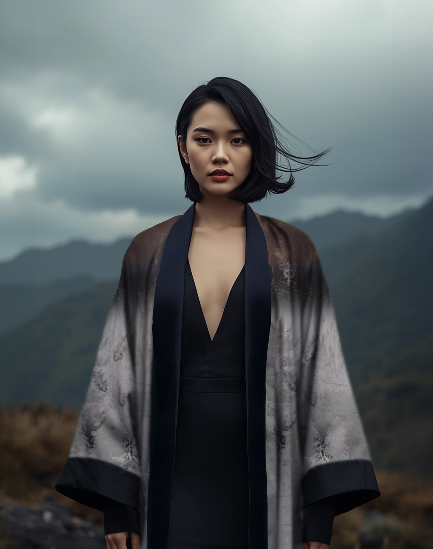 Woman wearing an elegant silver-grey luxury kimono with subtle eagle-inspired print, standing in a misty mountain landscape