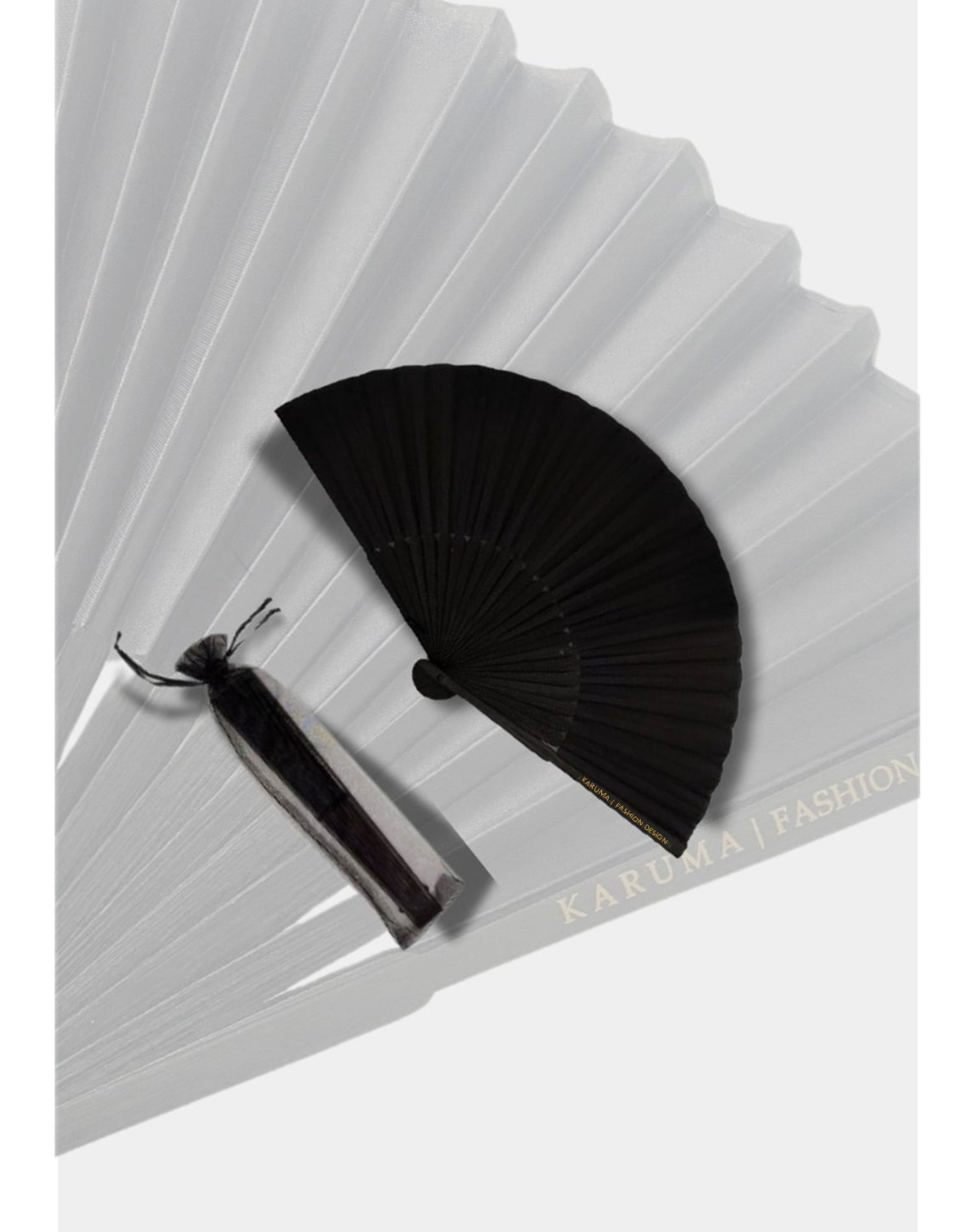 Luxury bamboo fashion fan by Karuma with exclusive signature brand logo and „Fashion Design" lettering, elegant limited edition accessoire, handcrafted for the modern woman