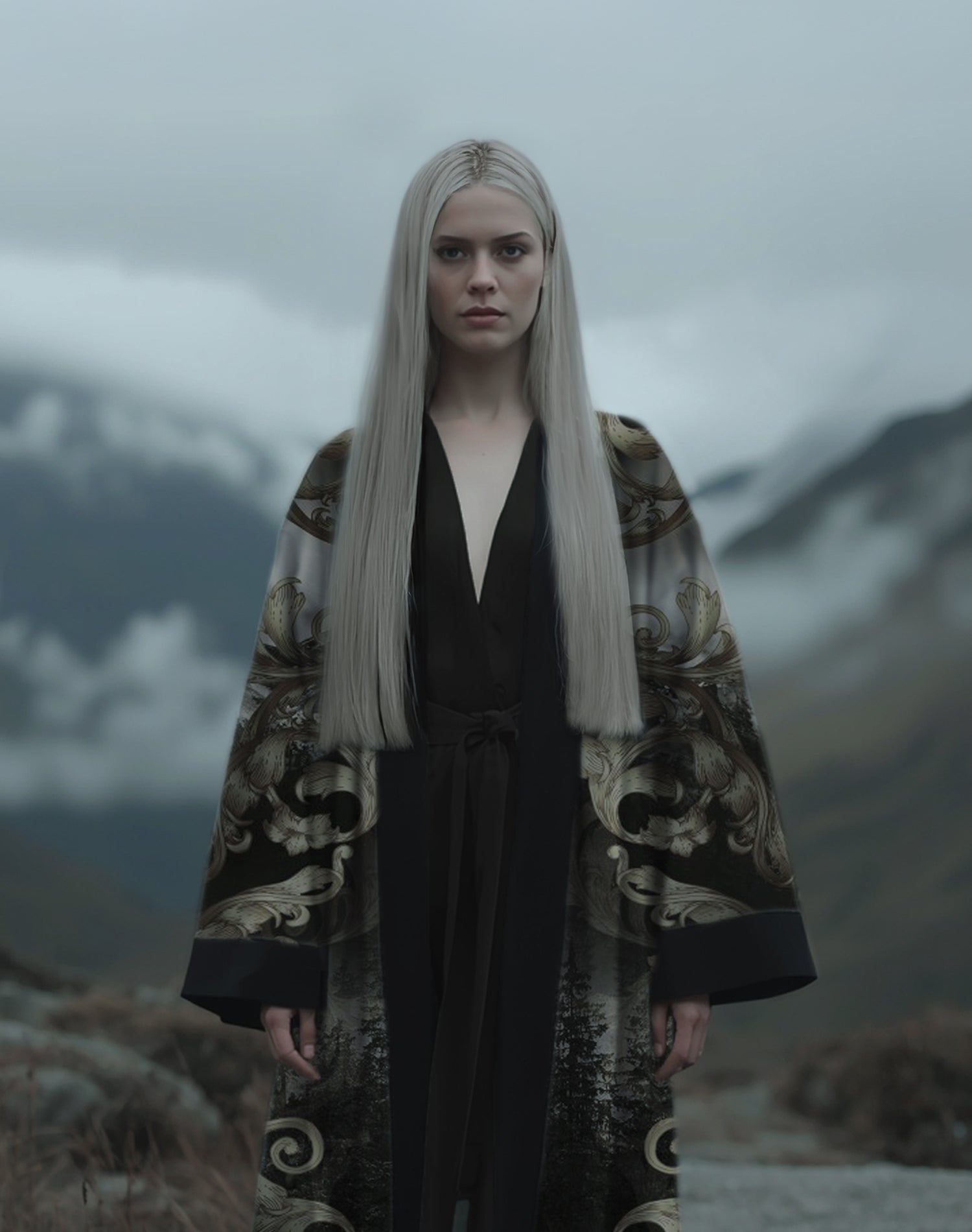 Soft silver tones, silent strength. This ethereal luxury kimono is your armour - delicate on the outside, unbreakable within