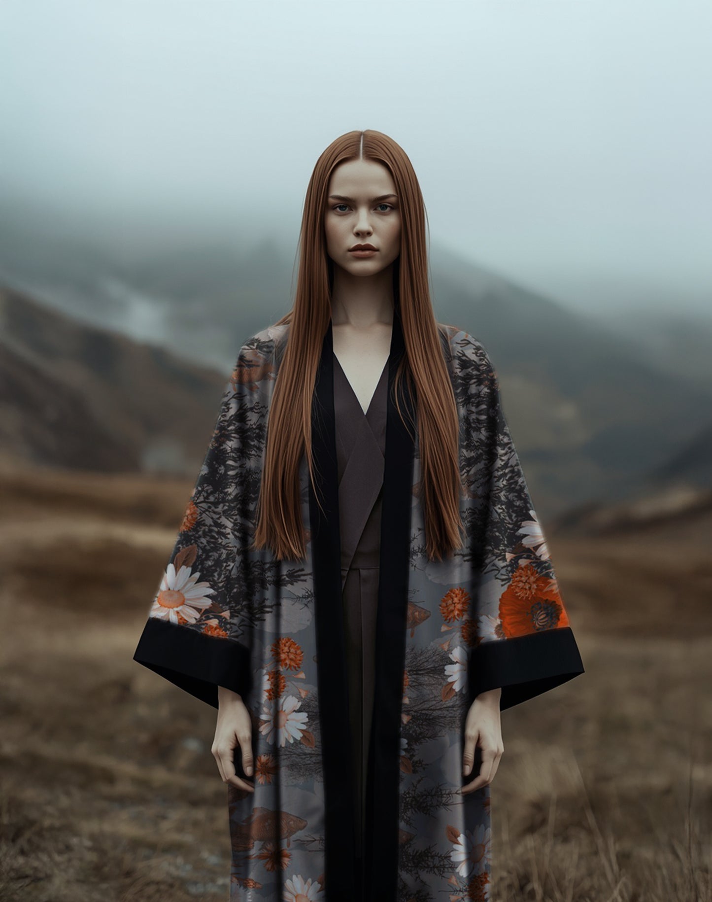 Luxury floral kimono in warm rust and orange tones, worn by a woman with long red hair against a moody mountain backdrop