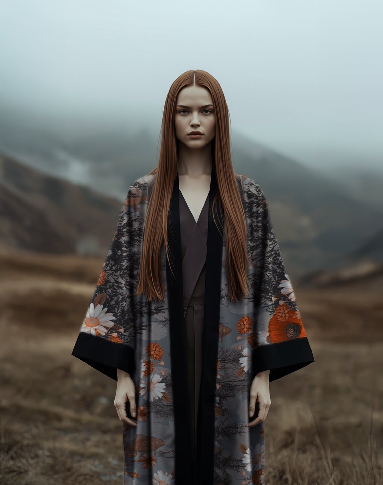 Luxury floral kimono in warm rust and orange tones, worn by a woman with long red hair against a moody mountain backdrop
