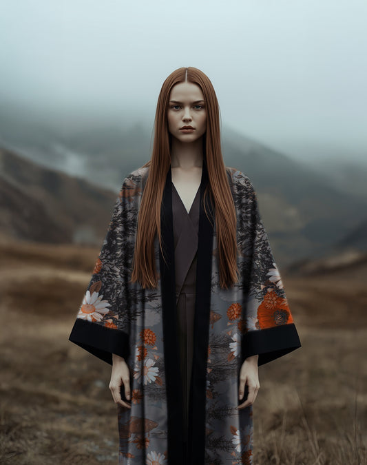 Luxury floral kimono in warm rust and orange tones, worn by a woman with long red hair against a moody mountain backdrop
