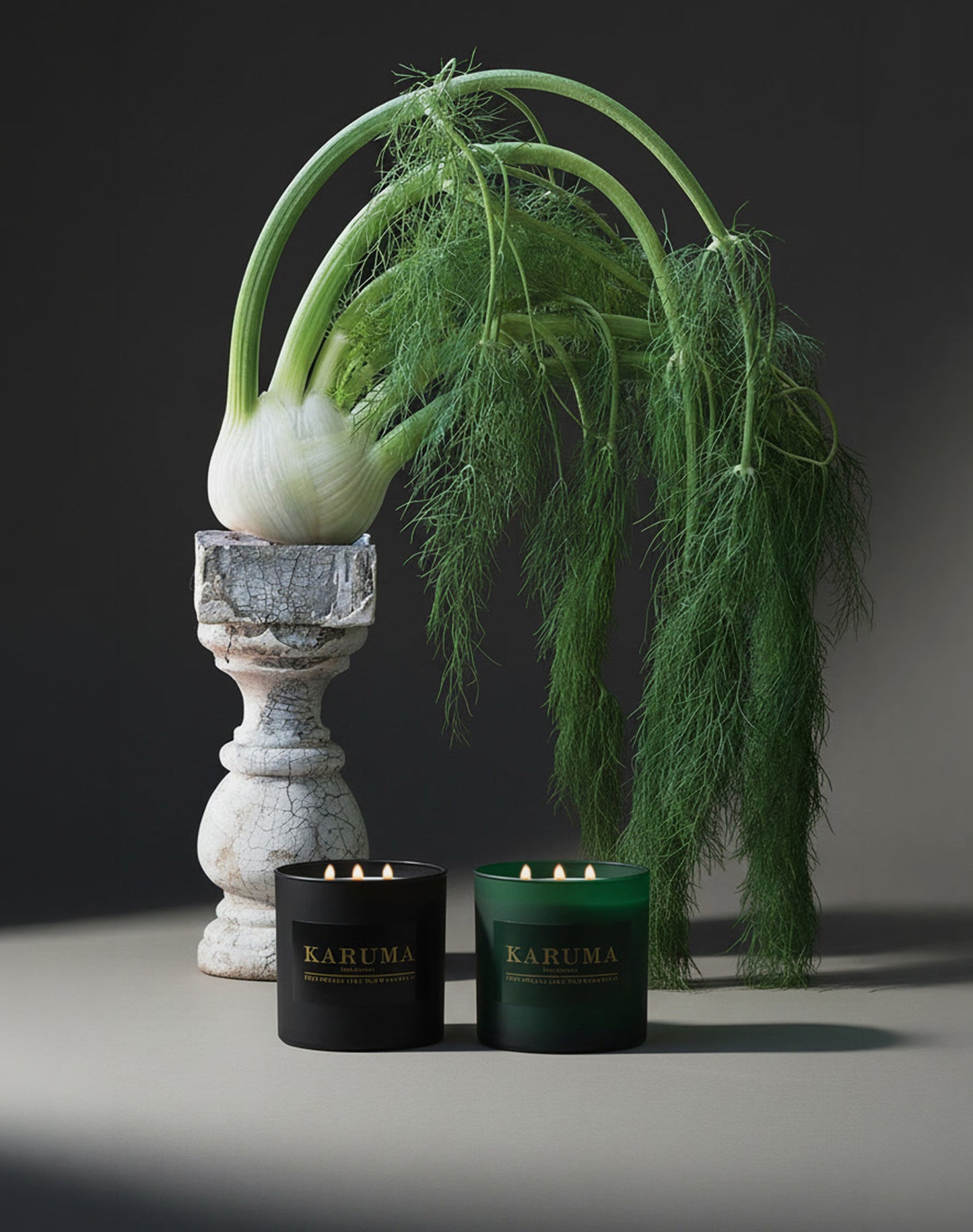 KARUMA black and green luxury scented candles with gold lettering displayed in front of wild fennel plant and cracked stone pedestal, editorial still life product photography, Black Forest luxury home fragrance