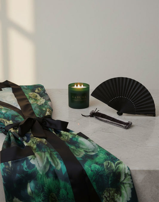 Luxury kimono gift set by Karuma including the Jade Wilderness Kimono, Black Forest Dawn Scented Candle and Karuma Signature Fan-limited edition designer gift for her