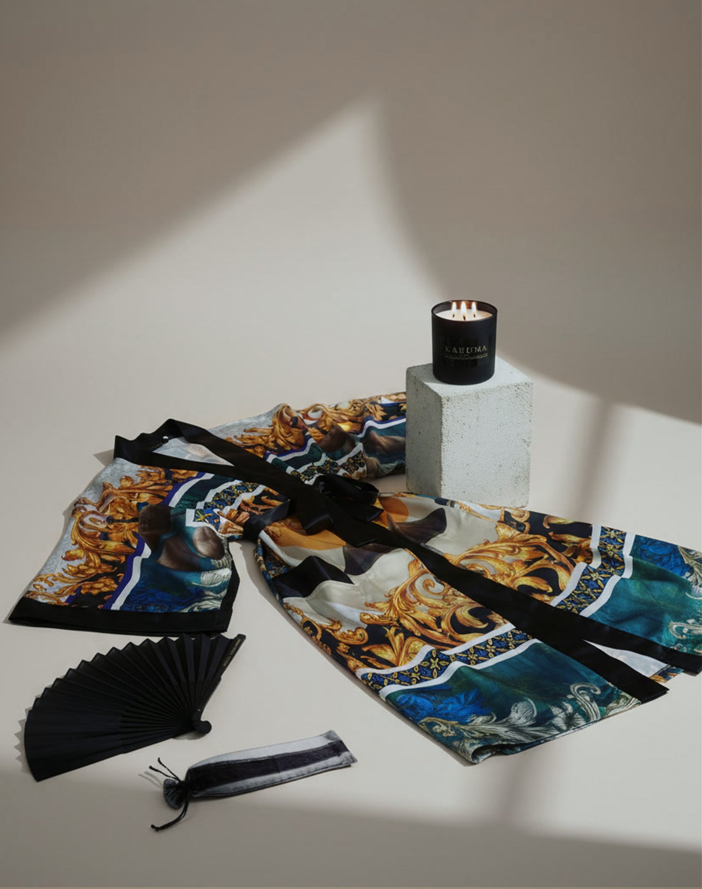 Luxury kimono gift set by Karuma including the Dark Gold Dynasty Kimono, Black Forest Dawn Scented Candle and Karuma Signature Fan - statement designer gift for her, limited edition