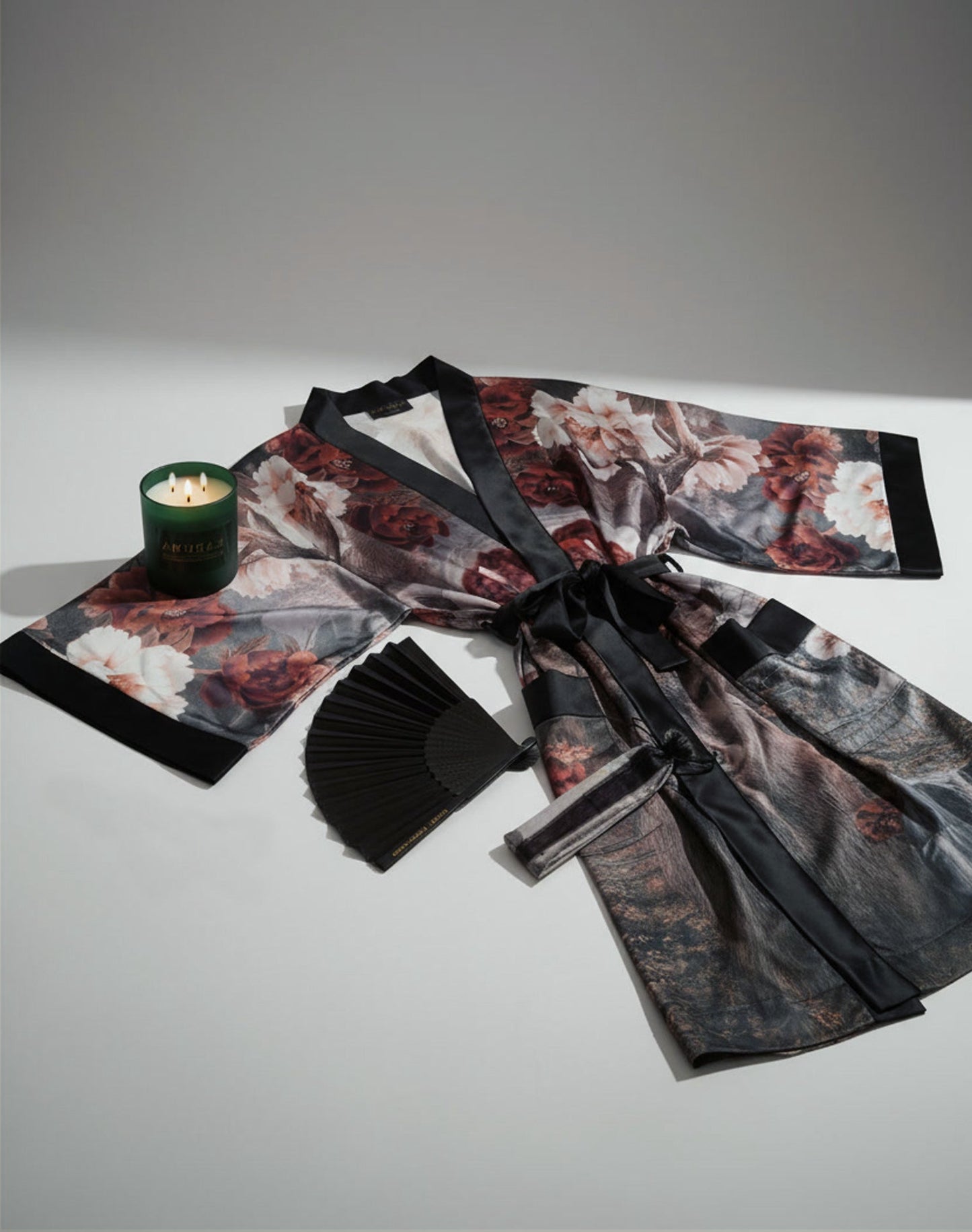 The Ember Gift by Karuma - un coffret de luxe with Black Forest stag and castle kimono, three-wick vegan scented candle and bamboo fan, luxury gift set for the woman who carries the magic