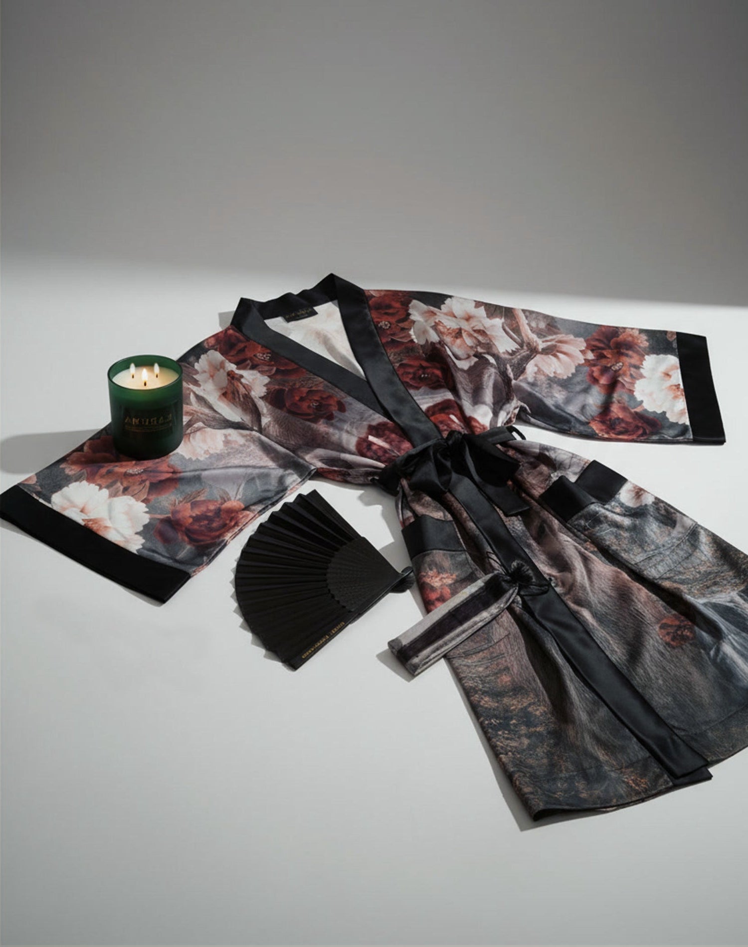 The Ember Gift by Karuma - un coffret de luxe with Black Forest stag and castle kimono, three-wick vegan scented candle and bamboo fan, luxury gift set for the woman who carries the magic