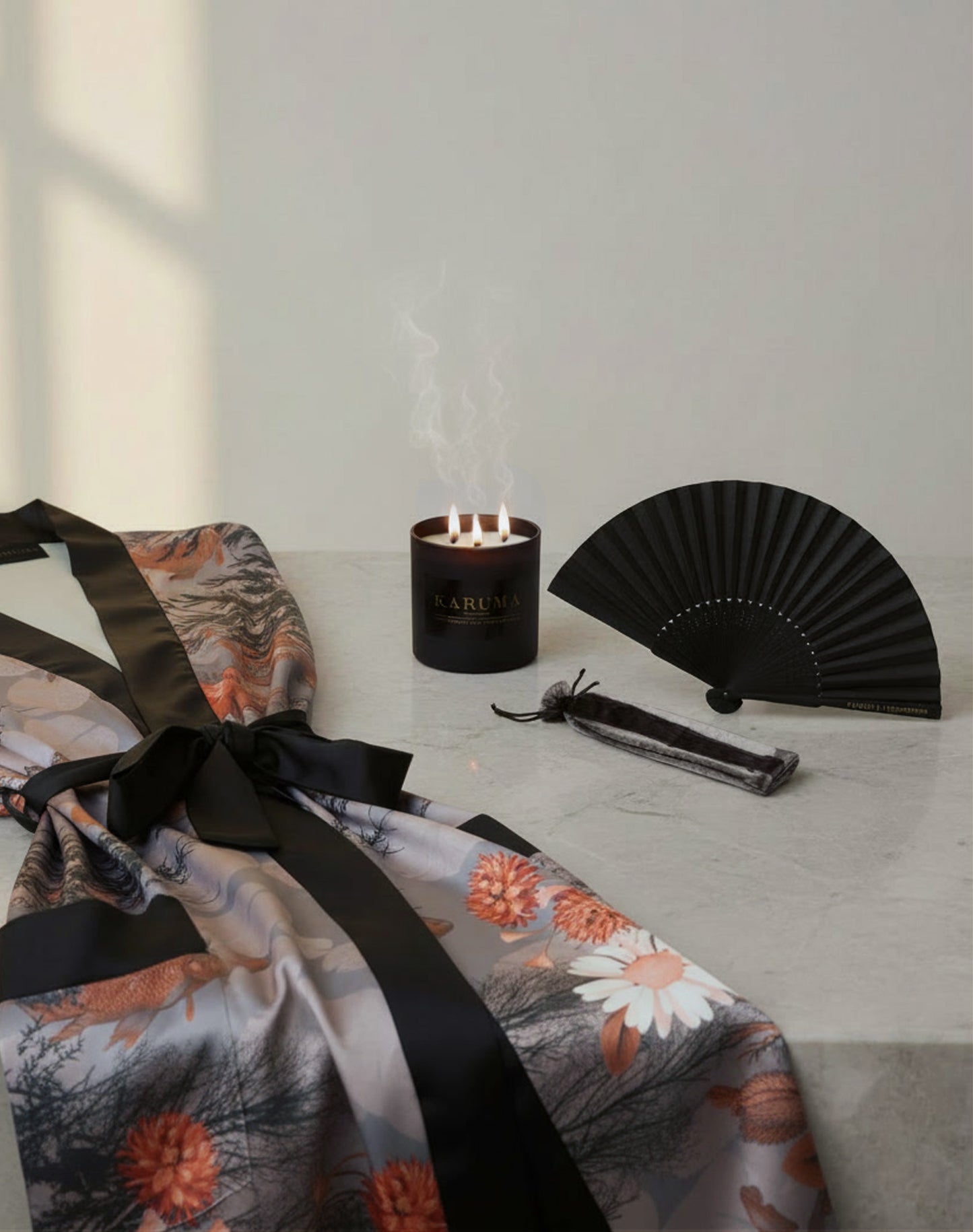Luxury kimono gift set by Karuma including the Wild Blossom Queen Kimono, Black Forest Dawn Scented Candle and Karuma Signature Fan - perfect designer gift for her, limited edition