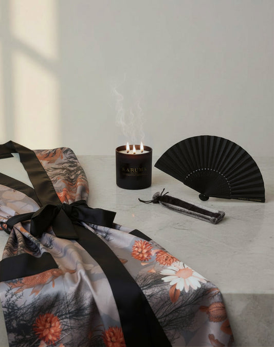 Luxury kimono gift set by Karuma including the Wild Blossom Queen Kimono, Black Forest Dawn Scented Candle and Karuma Signature Fan - perfect designer gift for her, limited edition