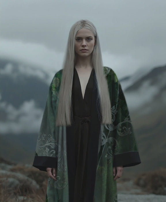 A nordic womam wearing the Emerald Portal Kimono from the Karuma blackforest fashion label from Germany