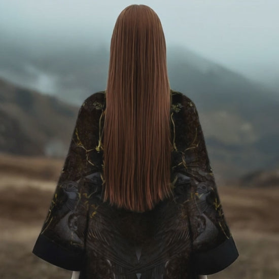 Elegant statement kimono with shimmering highlights and moody tones, inspired by lightning over a night forest