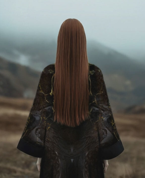 Elegant statement kimono with shimmering highlights and moody tones, inspired by lightning over a night forest