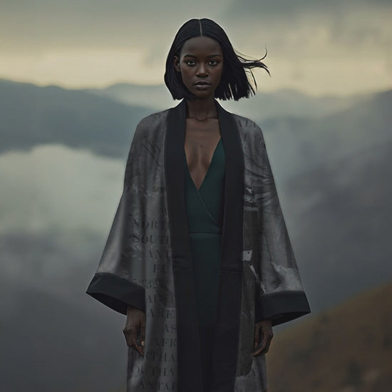 Woman wearing a sophisticated grey luxury kimono with world map print, standing in a cloudy mountain landscape