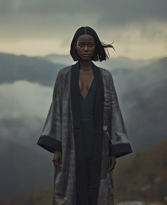 Woman wearing a sophisticated grey luxury kimono with world map print, standing in a cloudy mountain landscape