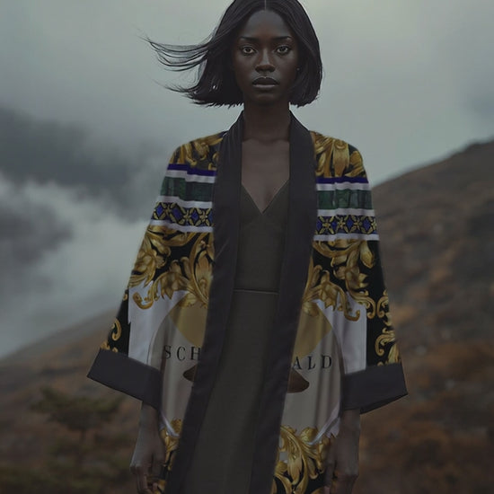 Black meets gold in a battle of elegance. This warrior-spirit kimono is pure drama - designed for women who were born to conquer