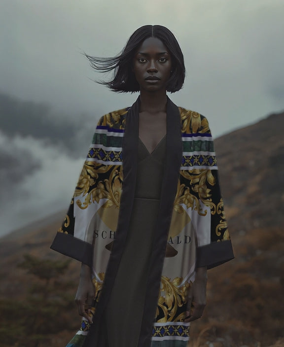 Black meets gold in a battle of elegance. This warrior-spirit kimono is pure drama - designed for women who were born to conquer