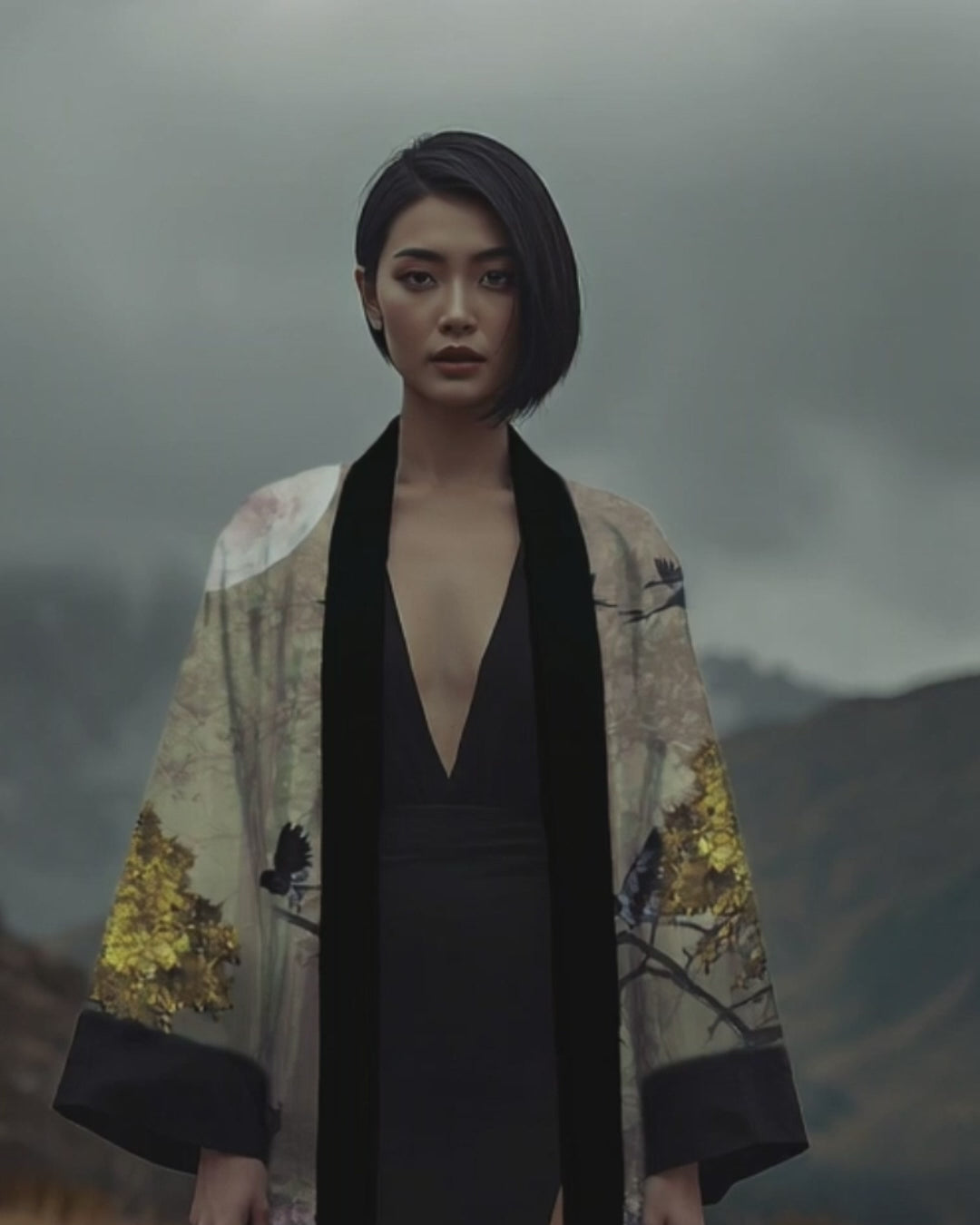 Karuma Kimono design, woman standing on a mountain, dark aesthetic 