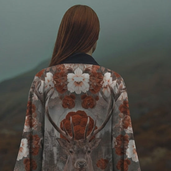 Legend of the Black Forest 黒森の伝説
Ember of the Black Forest Kimono
A stag. A castle. Waterfalls and wild blooms