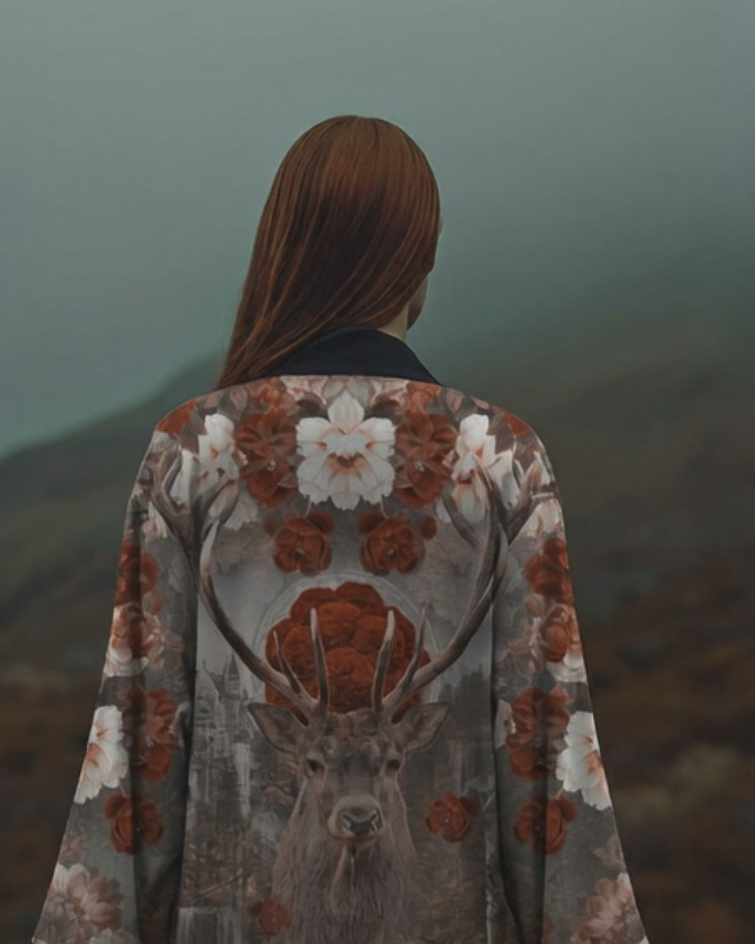 Legend of the Black Forest 黒森の伝説
Ember of the Black Forest Kimono
A stag. A castle. Waterfalls and wild blooms