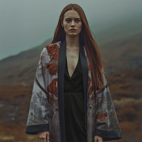 Legend of the Black Forest 黒森の伝説
Ember of the Black Forest Kimono
A stag. A castle. Waterfalls and wild blooms...