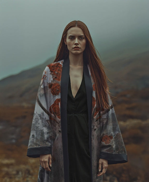 Legend of the Black Forest 黒森の伝説
Ember of the Black Forest Kimono
A stag. A castle. Waterfalls and wild blooms...