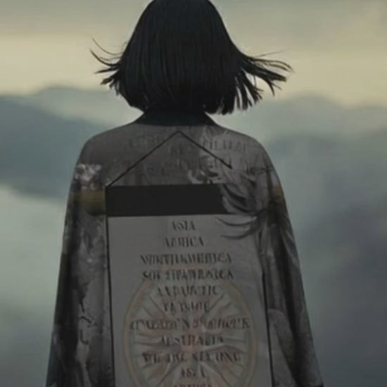 Woman wearing a sophisticated grey luxury kimono with world map print, standing in a cloudy mountain landscape