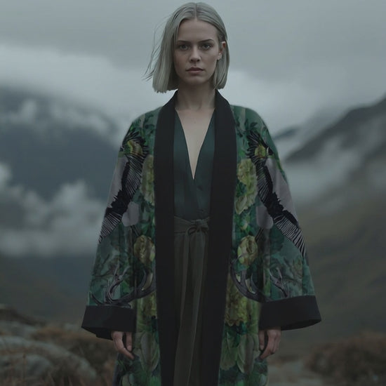 Designer long kimono with rich jade green nature print, modeled in a dramatic cloudy mountain setting