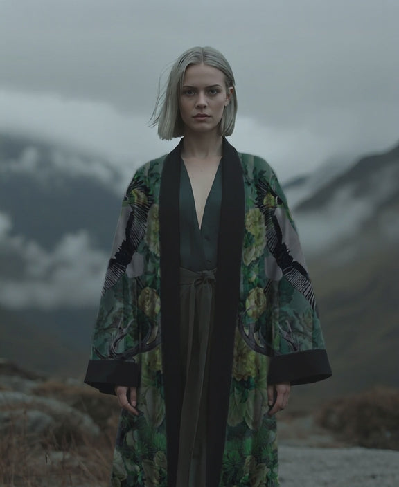 Designer long kimono with rich jade green nature print, modeled in a dramatic cloudy mountain setting