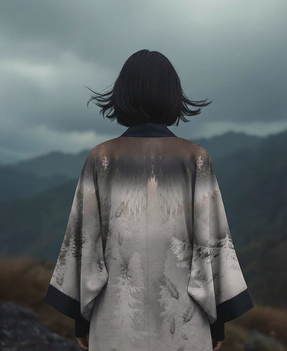 Silver-grey elegance, effortless and free. A luxury kimono for the woman who rises above - always graceful, always powerful