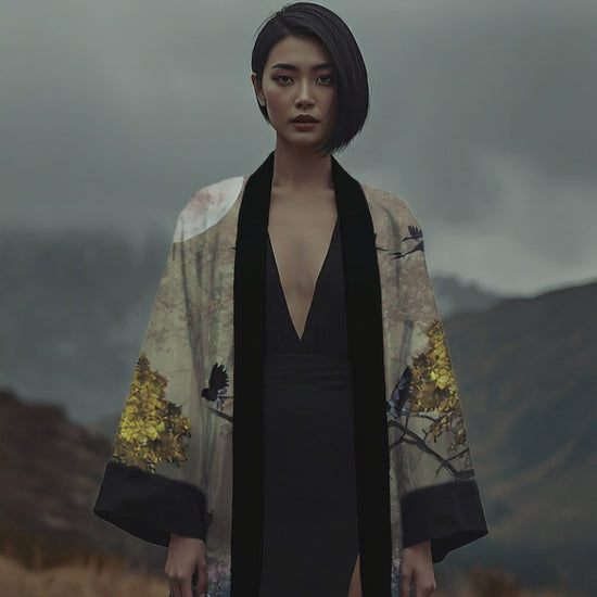 Elegant designer kimono in dark tones with golden botanical pattern, powerful outdoor forest nights fashion portrait