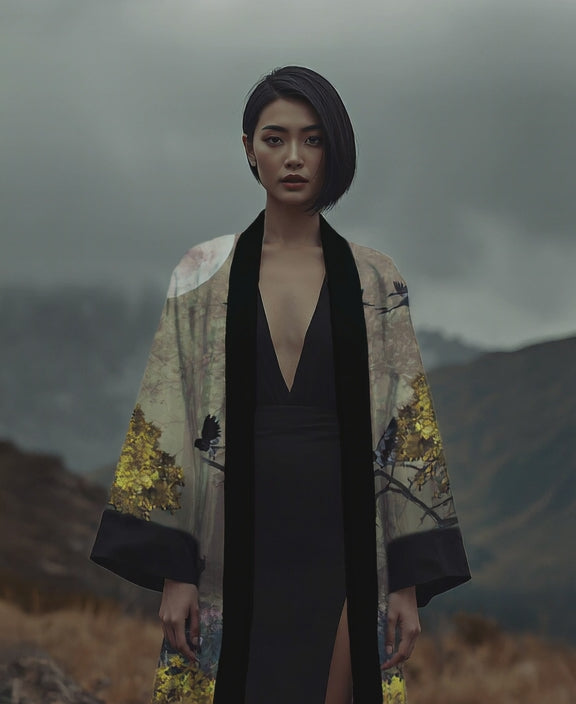 Elegant designer kimono in dark tones with golden botanical pattern, powerful outdoor forest nights fashion portrait