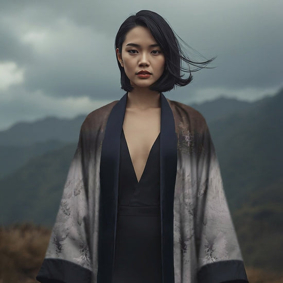 Silver-grey elegance, effortless and free. A luxury kimono for the woman who rises above - always graceful, always powerful