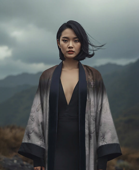 Silver-grey elegance, effortless and free. A luxury kimono for the woman who rises above - always graceful, always powerful