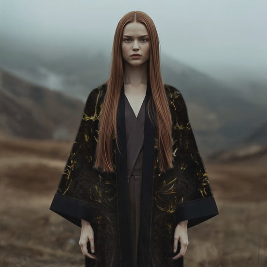 Elegant statement kimono with shimmering highlights and moody tones, inspired by lightning over a night forest